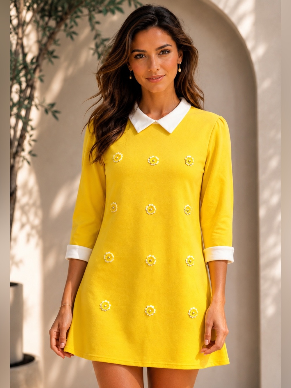 Yellow Daisy Embroidered Collared Shift Dress